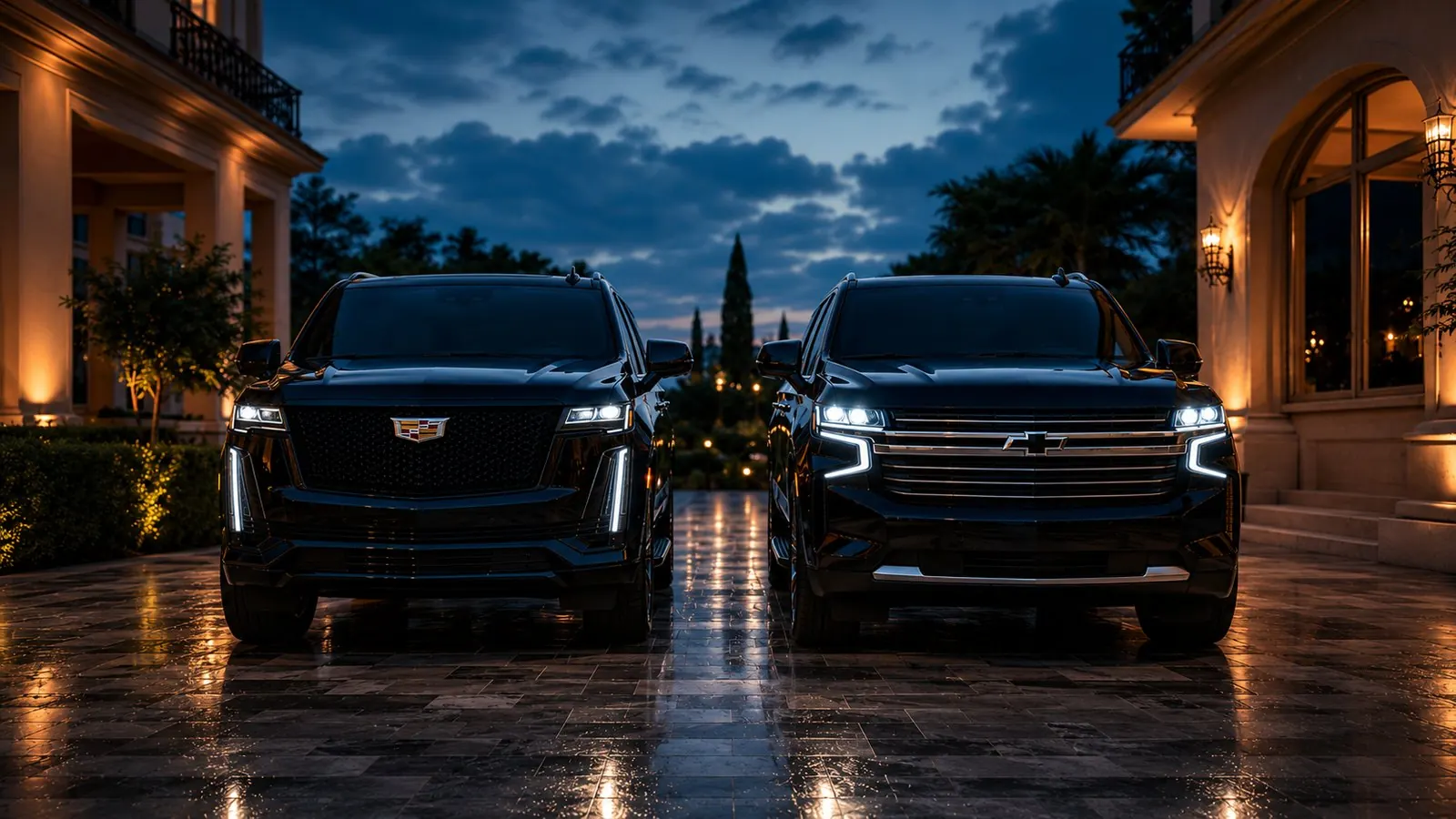 Black Cadillac Escalade and Chevrolet Suburban side by side
